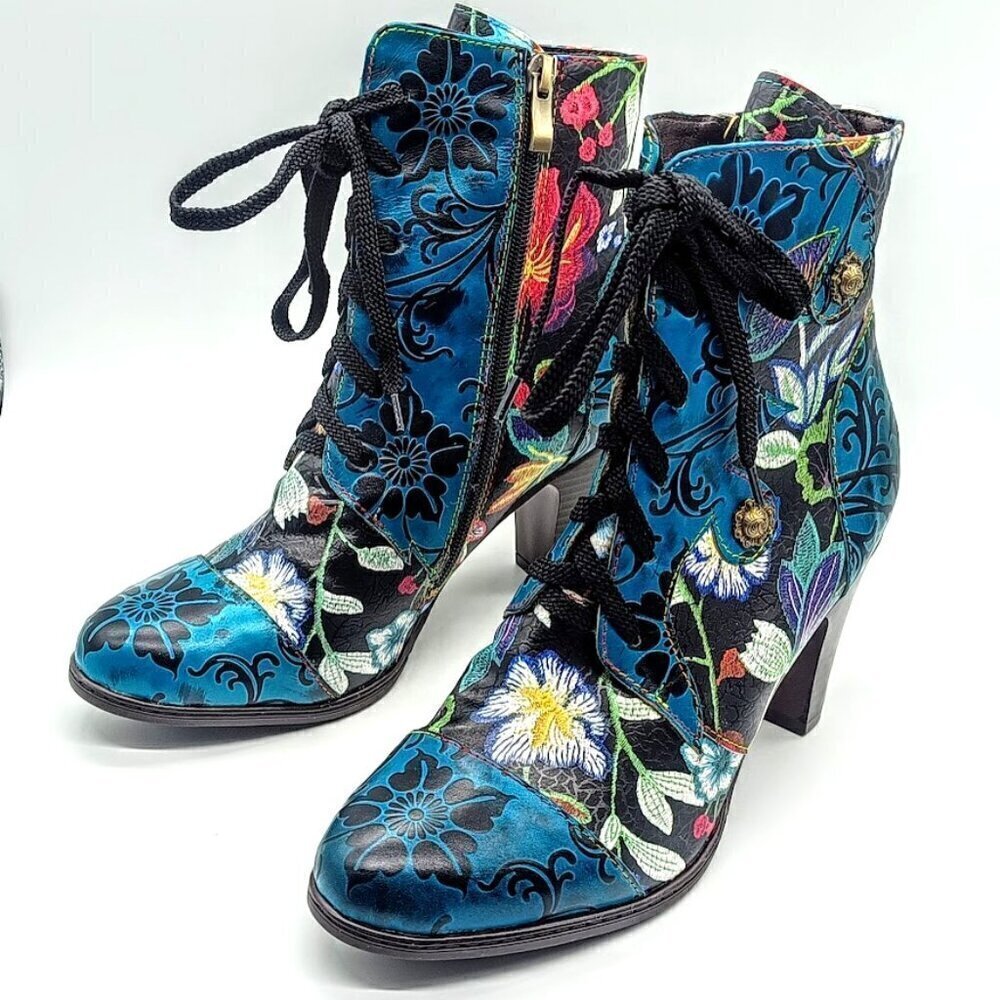 Blue Floral Leather Embossed Lace-Up Side Zip Ankle Boots - Size 39